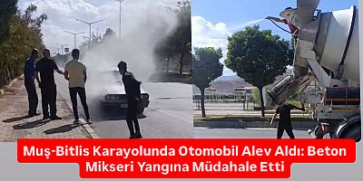 Muş-Bitlis Karayolunda Otomobil Alev Aldı: Beton Mikseri Yangına Müdahale Etti