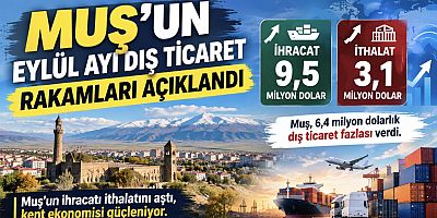 MUŞ’UN EYLÜL AYI DIŞ TİCARET RAKAMLARI AÇIKLANDI: İHRACAT 9,5 MİLYON DOLARI AŞTI